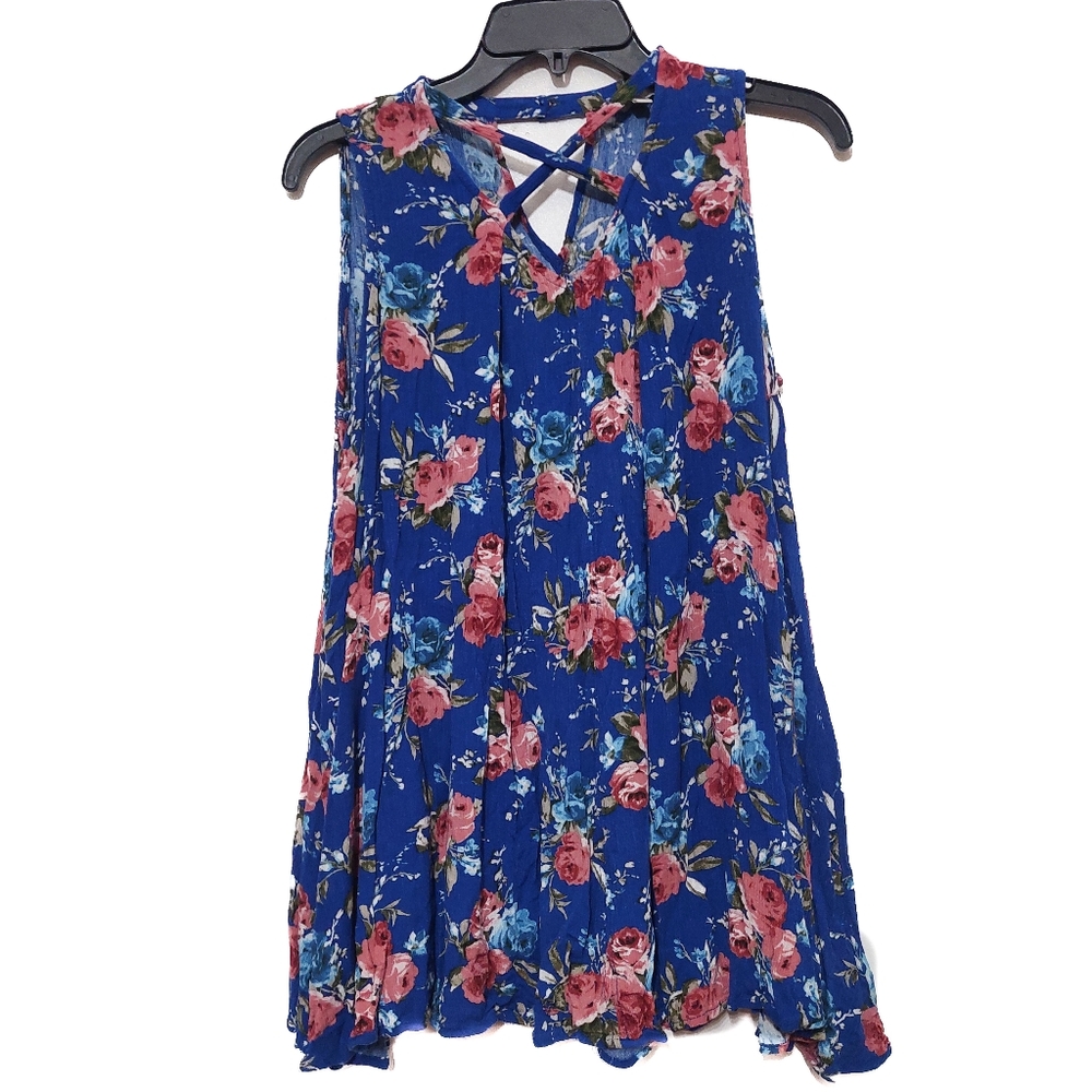 Umgee Blue Floral Tunic / Dress Top Flowy Chic Boho Criss Cross Small Wanderlust